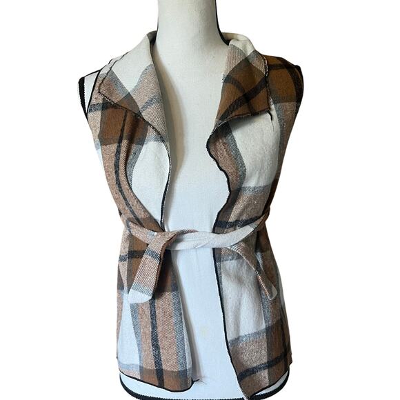 Cream Black Tan 2 Plaid Vest Tunic With Belt Size Small - Picture 2 of 8